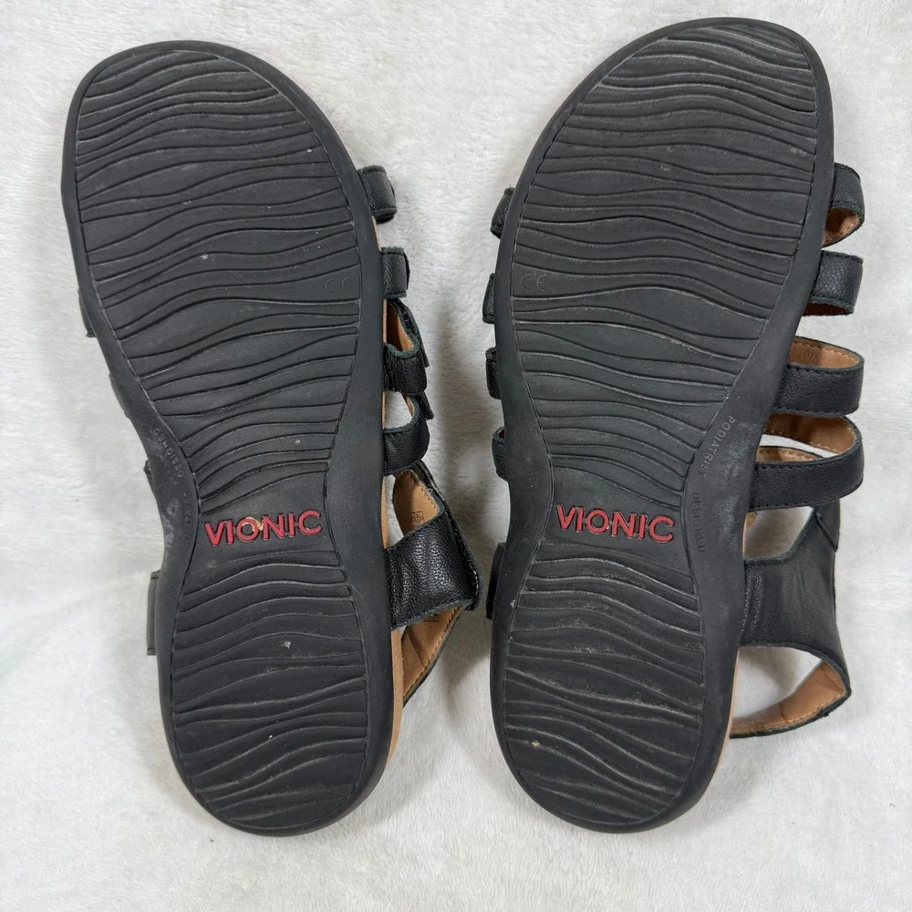 Vionic Amber Black Leather Adjustable Strappy Orthaheel Comfort Sandals Womens 9
